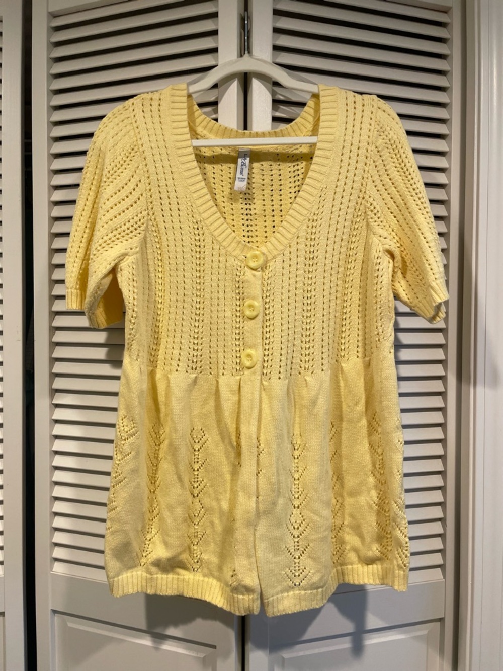 L.A. Blues Sunshine Yellow Open-Knit Button Cardigan, short sleeve & flattering!